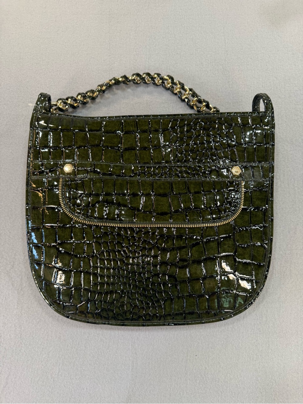 Gianni Bini Black Croc-Embossed Patent Shoulder Bag with Gold Chain